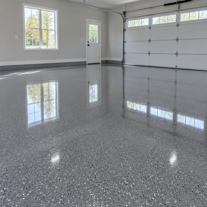 Grey metallic-flake epoxy garage floor